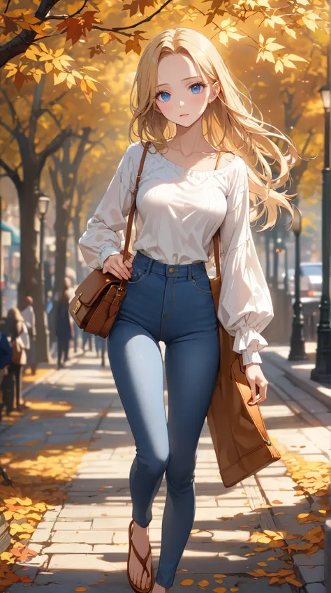 A youthful female with blue eyes and long blonde straight hair with perfect body:1.1 and medium breast. She is wearing a blue skinny jeans and white top and cognac flip-flops with cognac shoulder-bag. Outdoor setting in daytime in fall. Fashion photography...