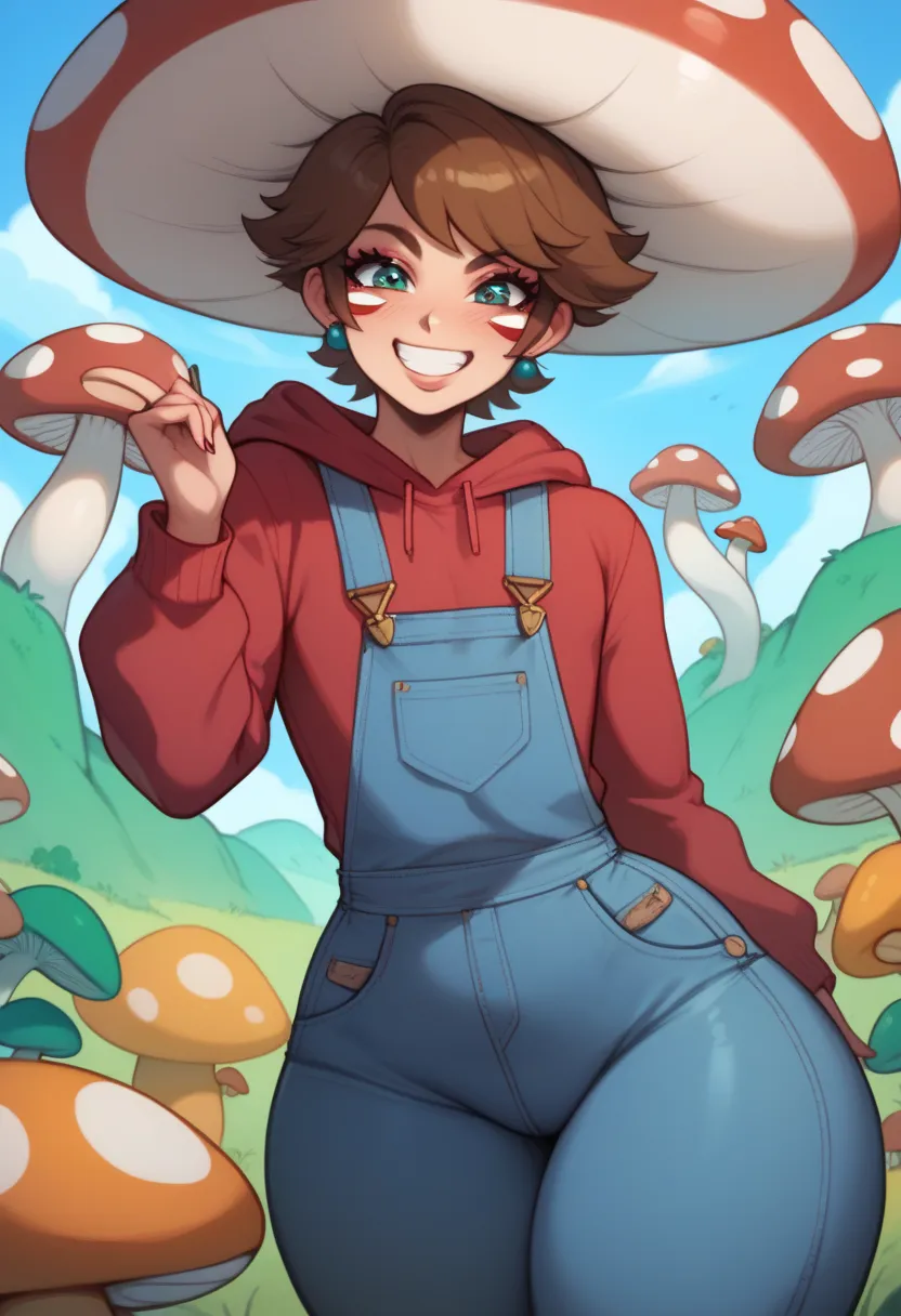 high quality, high resolution, 1 boy, super mario, brown hair, red clothes, blue overalls, feminine, feminine waist, wide hips, ...