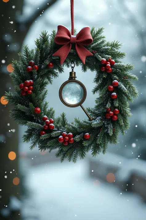 A snowy background with soft falling snowflakes. In the center, a beautifully decorated Christmas wreath with a vintage-style magnifying glass hanging inside it. The background includes faint twinkling Christmas lights, creating a magical and festive atmos...