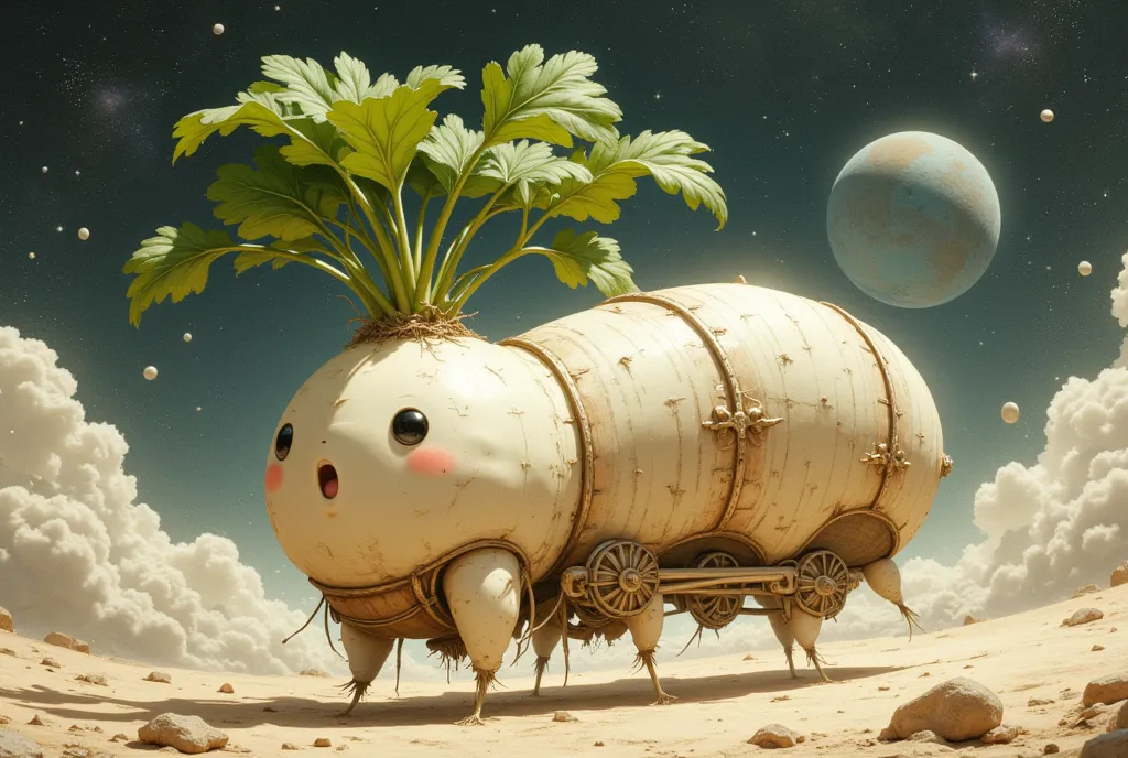 outer space :1.5, rail of light, 白い大根をモチーフにした列車が outer space を走る, background with lots of daikon floating ,  various root vegeta...