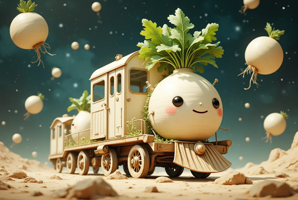 outer space :1.5, rail of light, 白い大根をモチーフにした列車が outer space を走る, background with lots of daikon floating ,  various root vegeta...