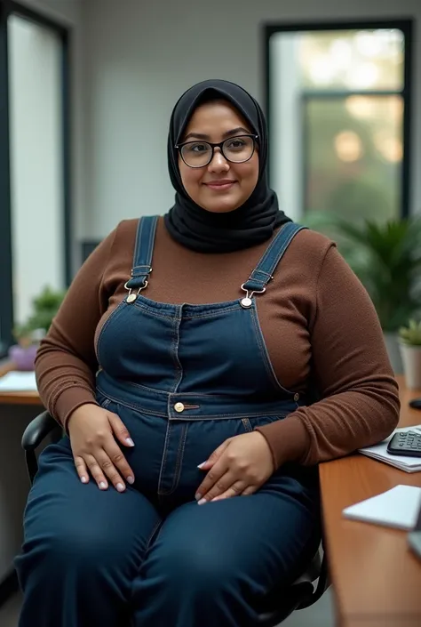 1woman, milf, wearing a hijab, wearing a glasses, beautiful chubby woman, obese, weight gain, huge belly, huge thighs, wearing a overall, sitting, at office, potrait