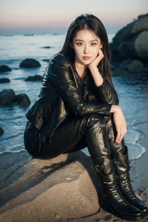 chensai, 1girl, long hair, 
black jacket, pants, black boots, 
sitting, head rest, 
outdoors, beach, rock, 
masterpiece,best qua...