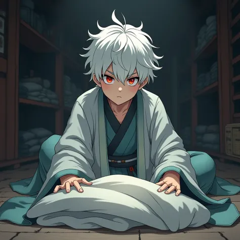  a 22-year-old boy , very attractive to the female gender ,  with pure white hair and bright red eyes . Hes focused on folding blankets in an inn room with a dim light.,  creating an improvised mattress on the floor .  His expression is serious and determi...