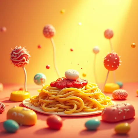 Create an image written “Delicias da Sol” with the color yellow and light red with images of candies and pasta