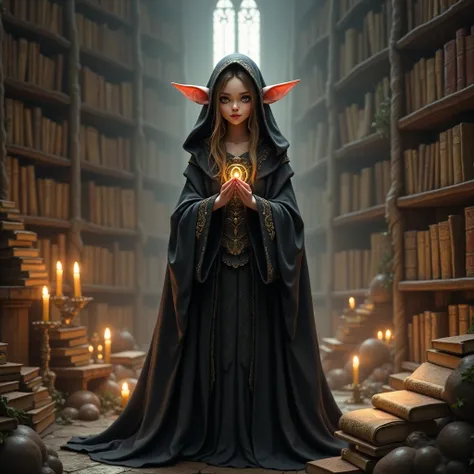 (dungeons and dragons), fantasy, female gnome, beautiful face, black wizard clothes, library