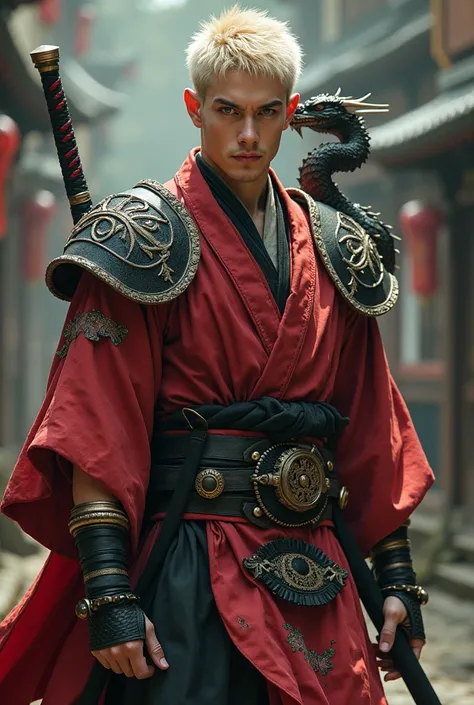  create realistic man ,  short blond hair , blue eyes,  Muscular body,  wearing the typical costume of a Japanese folk character called Tengu, but without the mask ,  with a magic samurai sword and a dragon as a companion 