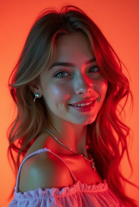 A photorealistic image of a beautiful female with a focus on vibrant, high-contrast lighting and saturated colors. The woman should be captured against plain backgrounds with direct, even lighting to emphasize facial features and expressions. Use a mix of ...