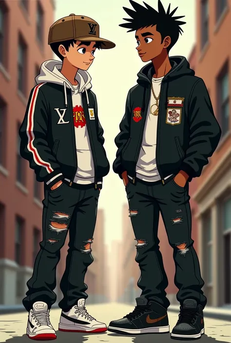 White boy with tall black hair wearing brown Luis Vuiton cap and gray tech tracksuit,  next to him a brown boy with a hoodie in a black Trapstar jacket with torn black jeans and 3 black Jordans,In the style of the Boondocks 
