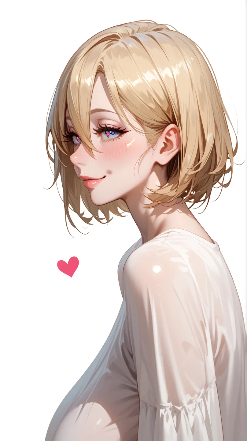 1girl, solo, hd, accurate, short hair, blonde hair, hair between eyes, large breasts, blush, seductive smile, heart in eye, braf...