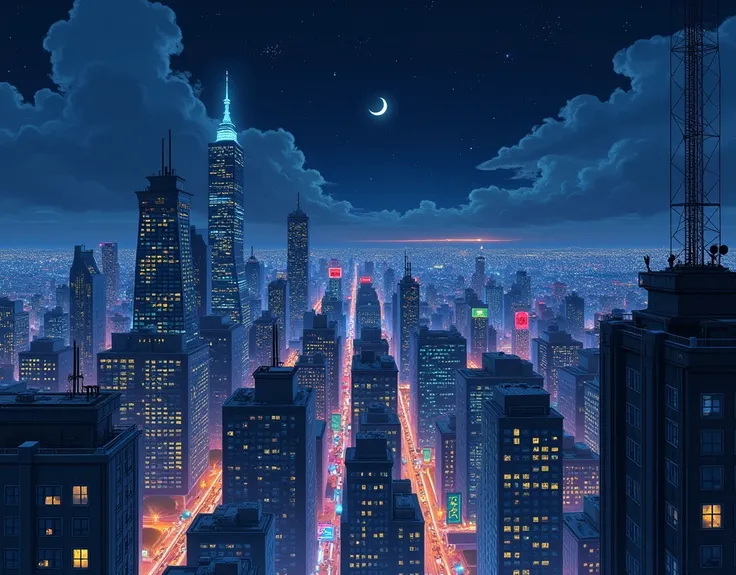 A night cityscape viewed from the top of a skyscraper, showcasing towering buildings with glowing windows in varying colors. The perspective emphasizes the vastness of the city, with neon signs and billboards scattered below, creating a vibrant glow that c...