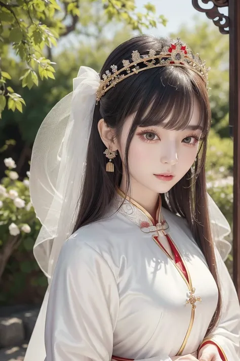 Close-up of a woman wearing a dress and tie。,  Gorgeous Chinese model , palace ， A girl wearing Hanfu, Traditional Beauty ,  A Beautiful Miraculous Queen, Chinese girl, White Himi Hairstyle ,  Traditional Chinese , white hanfu, Japanese Goddess, (( A Beaut...