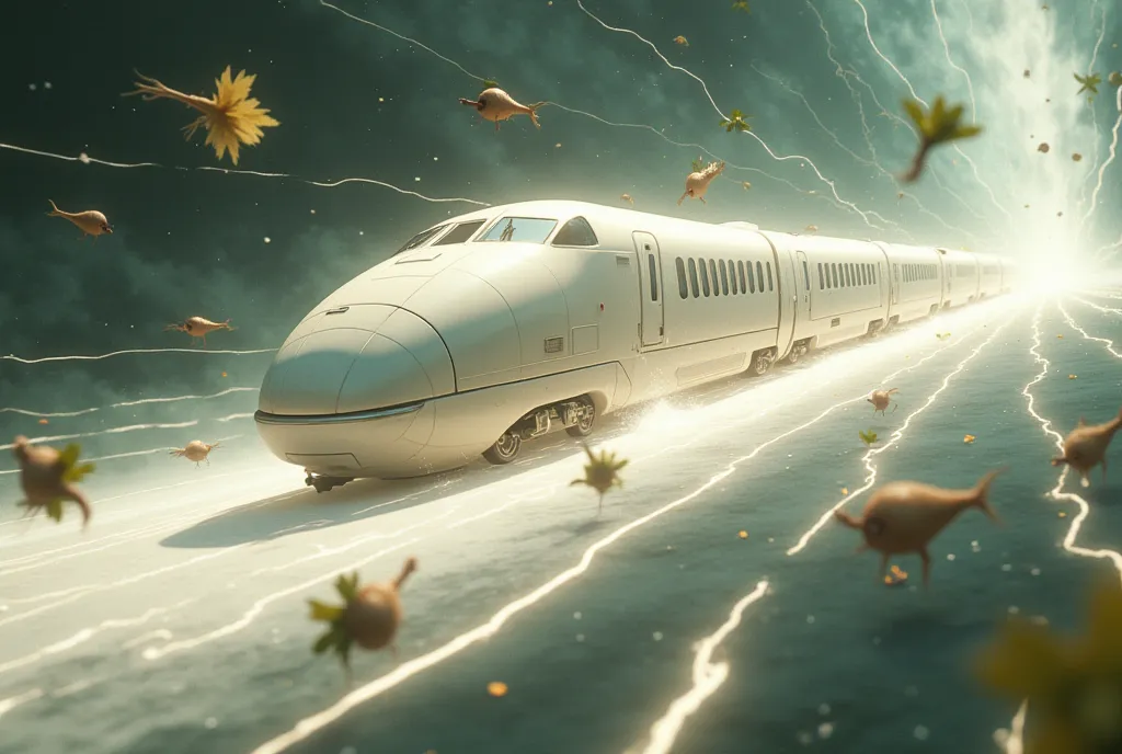 outer space :1.5, rail of light, 白い大根をモチーフにした列車が outer space を走る, a daikon train that transcends time and space ,  lots of light...