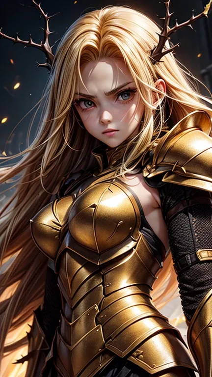 ((semi-armor of thorns)), golden platelets, bright golden hair, ((detailed face)), strong arms, half naked, big eyes.