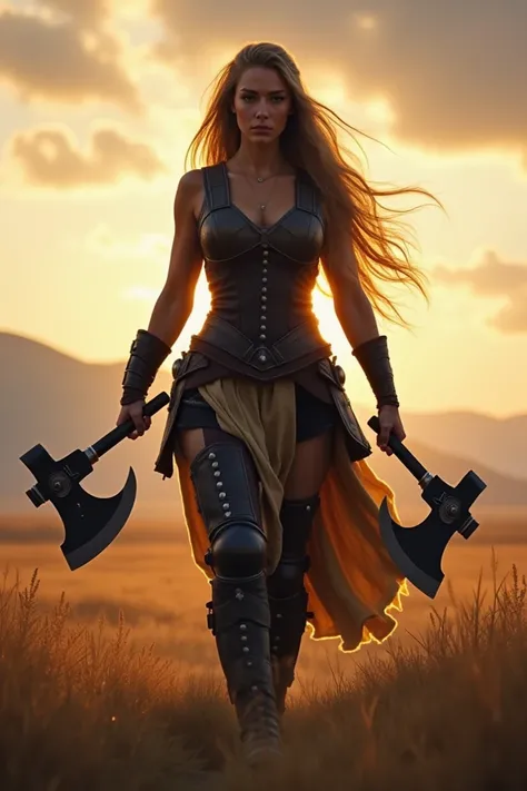 
" A dazzling warrior walks with confidence Camera.  She has long loose hair ,  with a golden glow that reflects the light around her . His gaze is firm and determined.  She holds two large, well-forged axes , one in each hand,  with the blades shining in ...