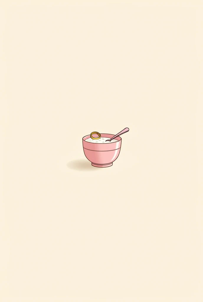 A smooth and minimalist drawing with a plain beige background and with a small pink bowl in the center with rice pudding in the center ( rice pudding with milk  )  and on top two wedding rings and inside a spoon 