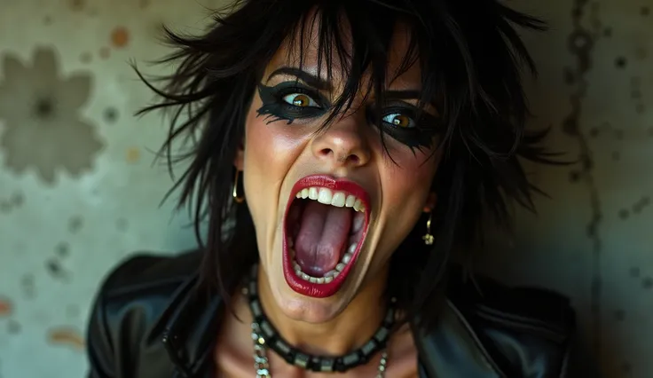 A close-up shot of a fierce alternative rock singer, with messy hair and heavy eyeliner, singing passionately while staring defiantly into the camera. Her facial expression is raw and intense, exuding punk energy and sex appeal. The setting is gritty, with...