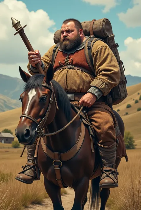 Mega fat peasant with a backpack without facial hair with big holes in a note in a medieval costume on a horse with a toilet pusher 