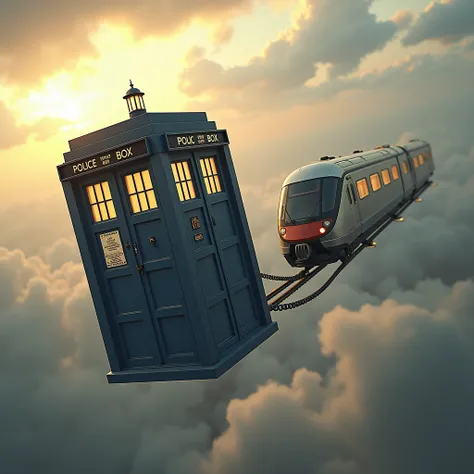 A realistic photo. Steampunk style. A flying tardis is pulling a modern train with a thick chain