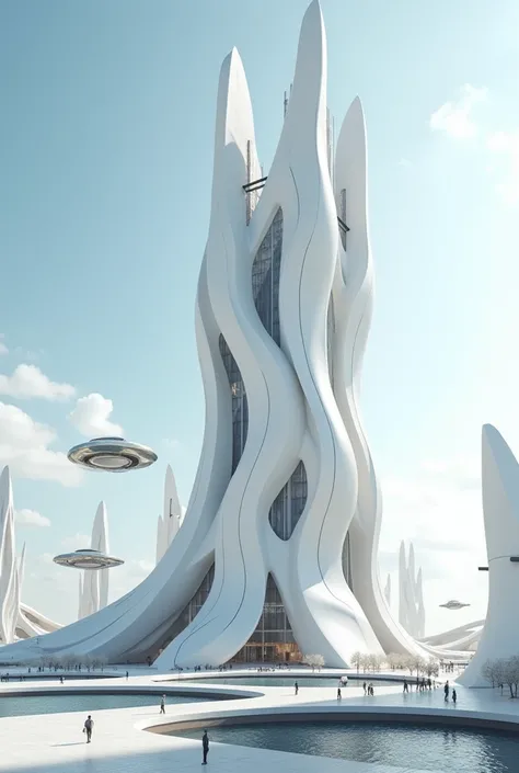 tall building, white with free forms in a utopian city and flying cars around 