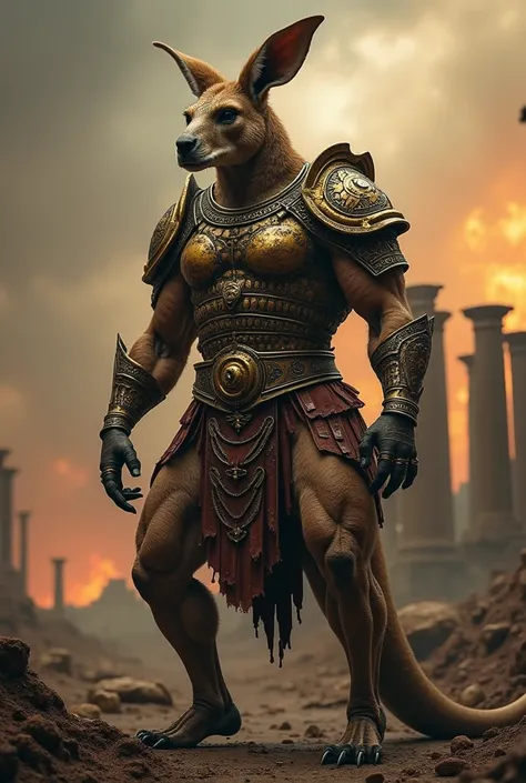 Create a kangaroo half human body Greek armor earth hell background 