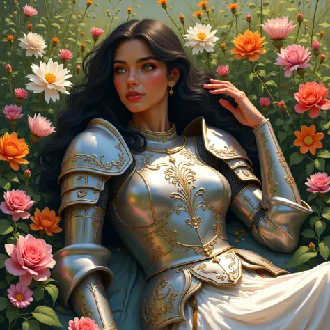  Here is the prompt adjusted for Portuguese :  

**Prompt:**  
"} A detailed and ethereal illustration of a beautiful woman with slightly dark skin , but not black,  and wavy dark hair ,  gracefully lying among vibrant flowers in a serene garden .  She is ...