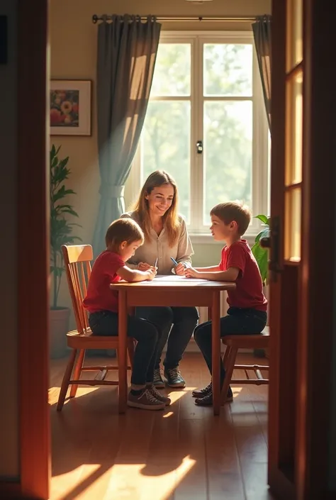 to create a photo that preserves this persons physical appearance, a realistic photo that fits into coloring pencils, sitting at a table in her cozy living room. Accompanied by two ren, aged 6 and 8, sitting coloring. The photo is taken from the front door...