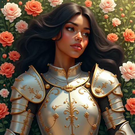  HA detailed and ethereal illustration of a beautiful woman with slightly dark skin , but not black,  and wavy dark hair ,  gracefully lying among vibrant flowers in a serene garden .  She is dressed in ornate and shining medieval armor ,  similar to that ...