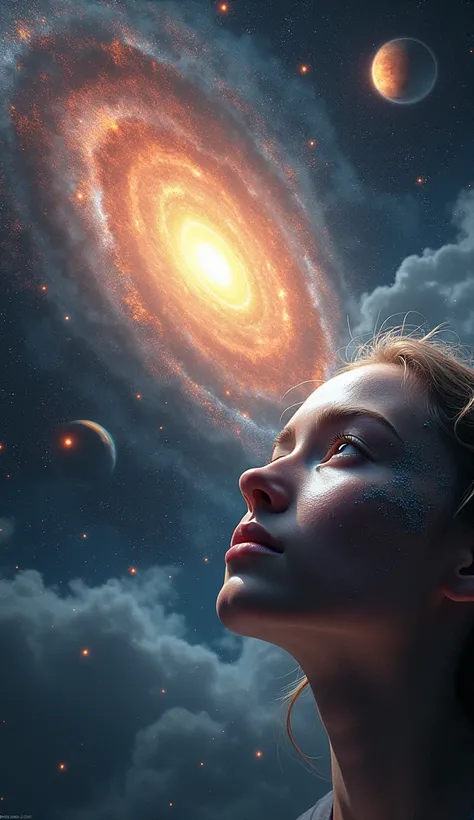  High quality, 16K. UHD, masterpiece, best quality, ultra-realistic detail. Dynamic plot. Hyperrealism. Rich colors. Artificial intelligence is creating a new galaxy. Stars, space, planets, sun. Mysticism. detailed face. Ideal correct anatomy.