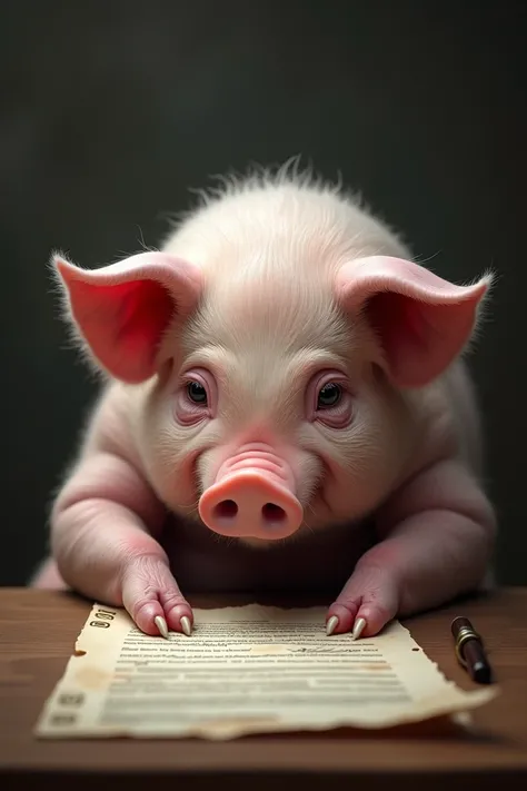 Pig with crying tears signing a document