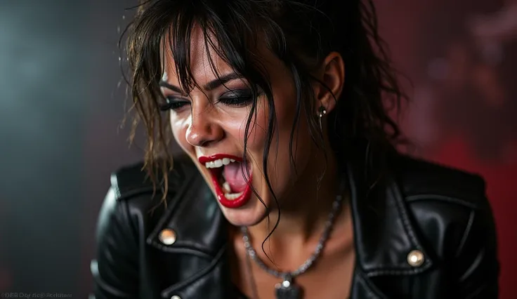 A close-up of a female grunge-rock singer, her lips curled in a snarl as she belts out lyrics with raw intensity. Her eyeliner is smudged, and strands of hair cling to her damp face. Her leather jacket is open, revealing a mesh top underneath. The atmosphe...