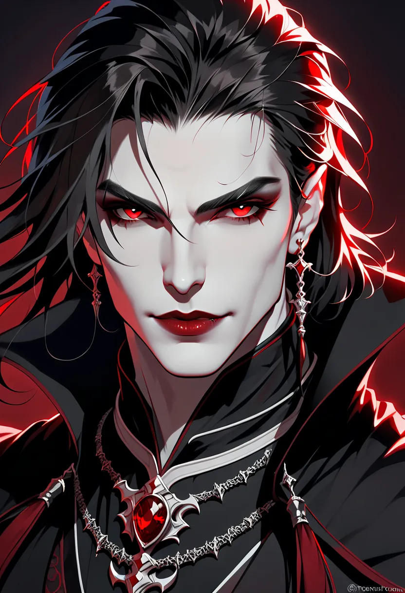 a man with red eyes and a dark outfit with a sword,  male vampire , handsome  male vampire , vampirfürst,  male vampire  of clan...