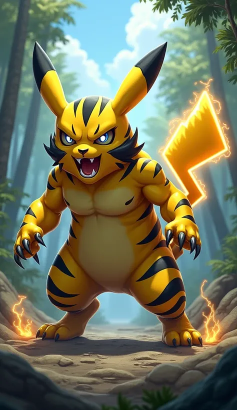 A hybrid creature of Pikachu and tiger: with a head similar to Pikachus, but with intensely glowing eyes, sharp teeth, and an intimidating expression. The muscular body combines Pikachus yellow coat with black tiger stripes, large paws with sharp claws, an...