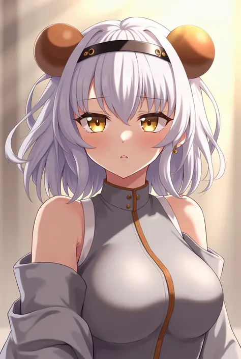  High resolution,  brown skin,  Best Quality ,  very detailed,  wavy hair ,  white hair,  short hair, breasts, Earrings,  closed mouth ,  Serious yellow eyes , he would be,  half-closed eyes, Afterimage, visor,  Atmospheric perspective, Hairpods, Shine, Ba...