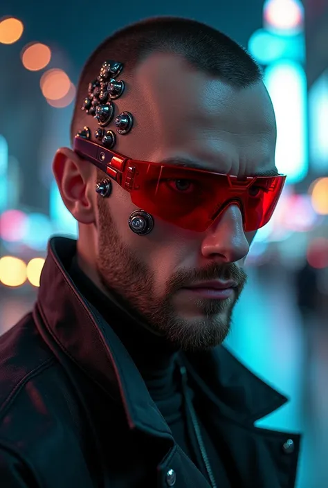 A man with a lot of cybernetic implants, who looks like a cyberpunk, is depicted against the background of a night city. His eyes are hidden behind a red visor. This is a portrait created in the cyberpunk genre, which describes the future from the point of...