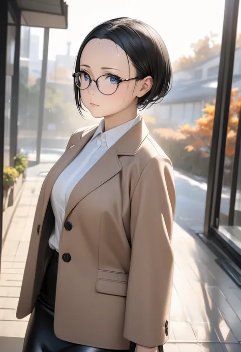 RAWphoto,photorealistic,8k16k,best quality,perfect anatomy,perfect detailed,ultra highres, extremely detailed eyes and face,gleaming skin,shiny skin,1girl,Japanese,black short hair,pixie cut, (wearing glasses:1.3),(parted bangs,forehead:1.2),round face,med...