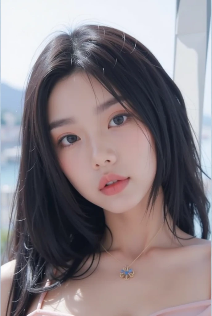 1 , Korean,  long hair,  Brown Hair , fringe, makeup, pink lips, pale, face photo,  on the beach,  doll lashes and well done ,  realistic, well-lit high-quality image. Korean pattern face ,  with a contour on the nose and thin, perched nose ,  Korean lips ...