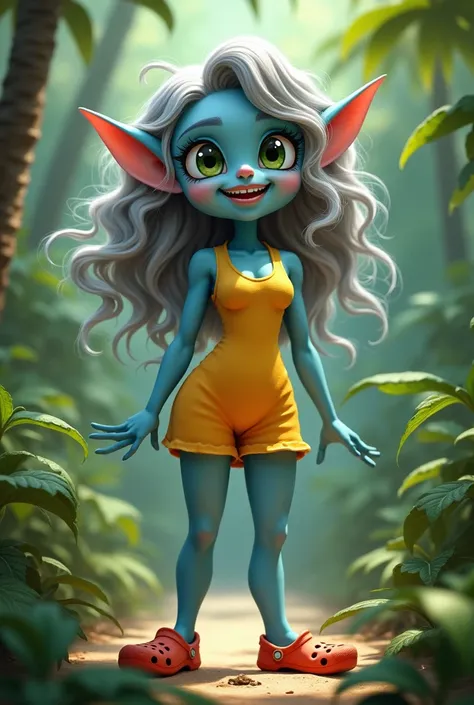 Happy blue girl, grey long curly hair, pointy ears, green eyes, wearing tropical yellow with wide hips fat thighs and tiny crocs