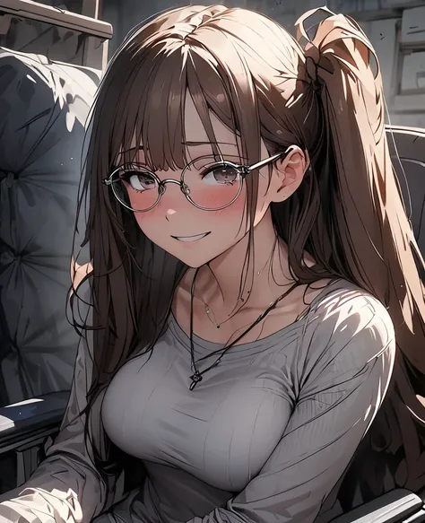 (masterpiece), 1girl, girl, expressive eyes, perfect face, full body, eyeglasses, full body, wheel chair, somber sad smile, solo focused, expressive eyes, with detailed eyes, brown hair, long eyelashes, best quality, 8k, high res, ultra-detailed, studio li...