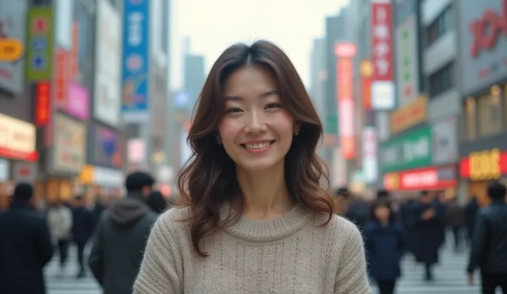 Smiling Japanese woman about 40 years old dressed in sweeter in Shibuya Crossing in Tokio. 