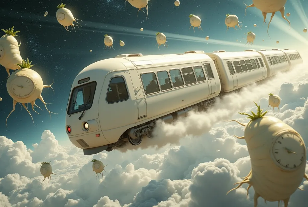 outer space :1.5, rail of light, 白い大根をモチーフにした列車が outer space を走る, a daikon train that transcends time and space ,  lots of light...