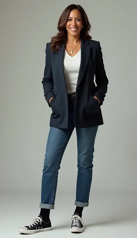 The((masterpiece, best quality, perfect eyes, perfect face, perfect breasts, perfect anatomy, perfect lighting)), Kamala Harris Posing, Wearing a formal blazer, wearing denim pantd,  giving me cheek smile. Full body image, Wearing  Converse sneakers、Black ...