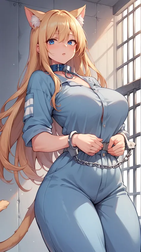 Anime girl prisoner, sexy, handcuffs, chained, oversized boobs, leg irons, blue eyes, long hair, blue eyes, prisoner jumpsuit, prison cell, shock collar, milf, thick thighs, catgirl