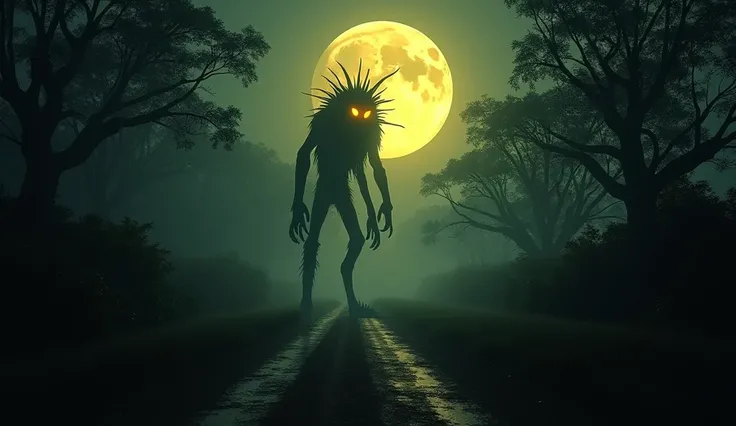 A realistic and spine-chilling depiction of a dirt road in the Brazilian countryside at night, bathed in the eerie glow of a large, yellow full moon hanging low in the sky. The road is narrow and surrounded by dense, dark vegetation—gnarled trees with twis...