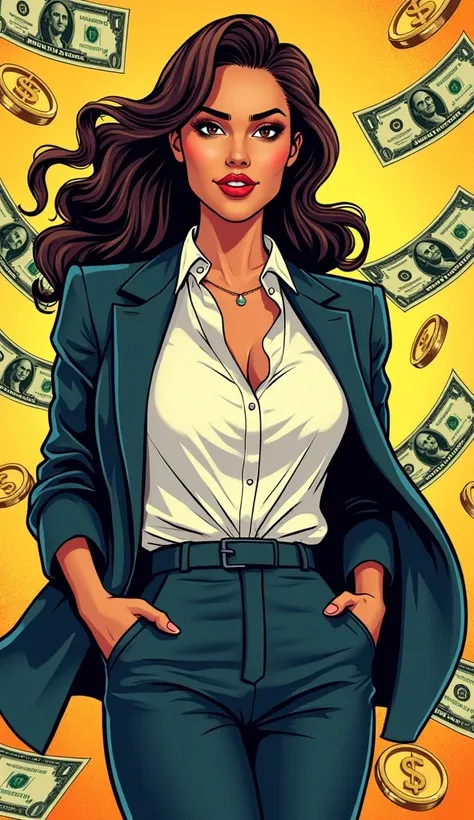 "A stylish adult woman, American, dressed in a professional and elegant outfit suitable for a business environment. She is surrounded by symbols of wealth and success, such as dollar bills or gold coins, presented in a comic book style with vibrant colors....