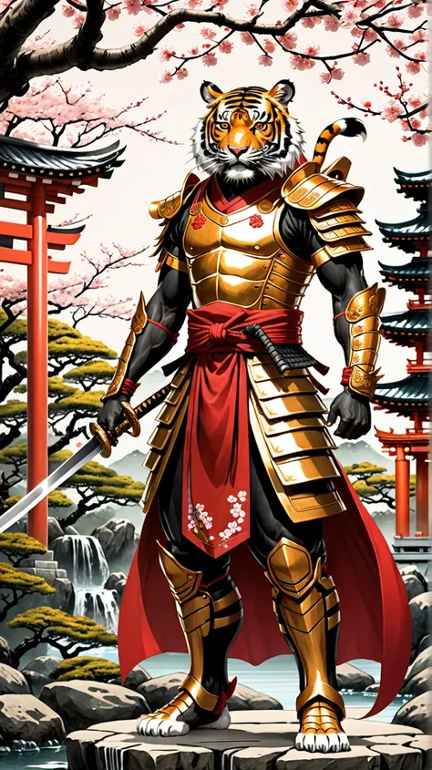 A muscular humanoid tiger standing with unparalleled grace and authority, embodying the honor and tradition of Japan. The scene is set in a tranquil Japanese garden with cherry blossoms, a koi pond, and a traditional torii gate framing the rising sun. The ...