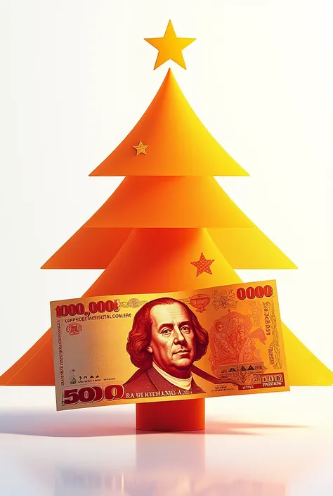 I want a  $100.000 on a white background with orange and yellow stripes with a Christmas tree of those colors 
