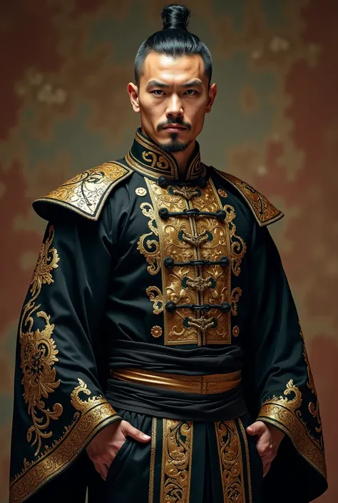 Create man , Kung-fu master  ,  athletic and muscular body  , western,  wearing ancient martial arts master costumes  ,  like a legendary master  ,  black and gold outfits with dragon details and Chinese culture 