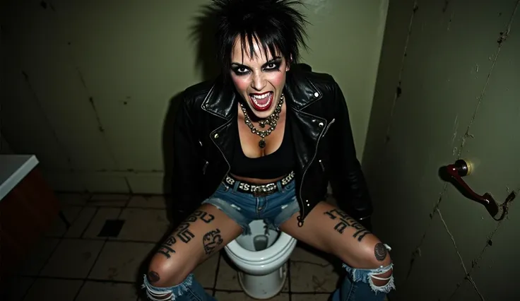 A fierce alternative rock singer, with messy hair and heavy eyeliner, singing passionately while staring defiantly into the camera. Her facial expression is raw and intense, exuding punk energy and sex appeal. She is seated on a toilet lid in a dark, decre...