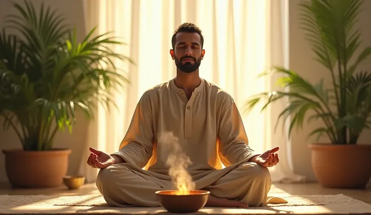 A young Arab man , 30 years old, with short beard and beige tunic ,  meditate in lotus position in a bright corner of the room ,  surrounded by plants and a softly burning incense bowl.






